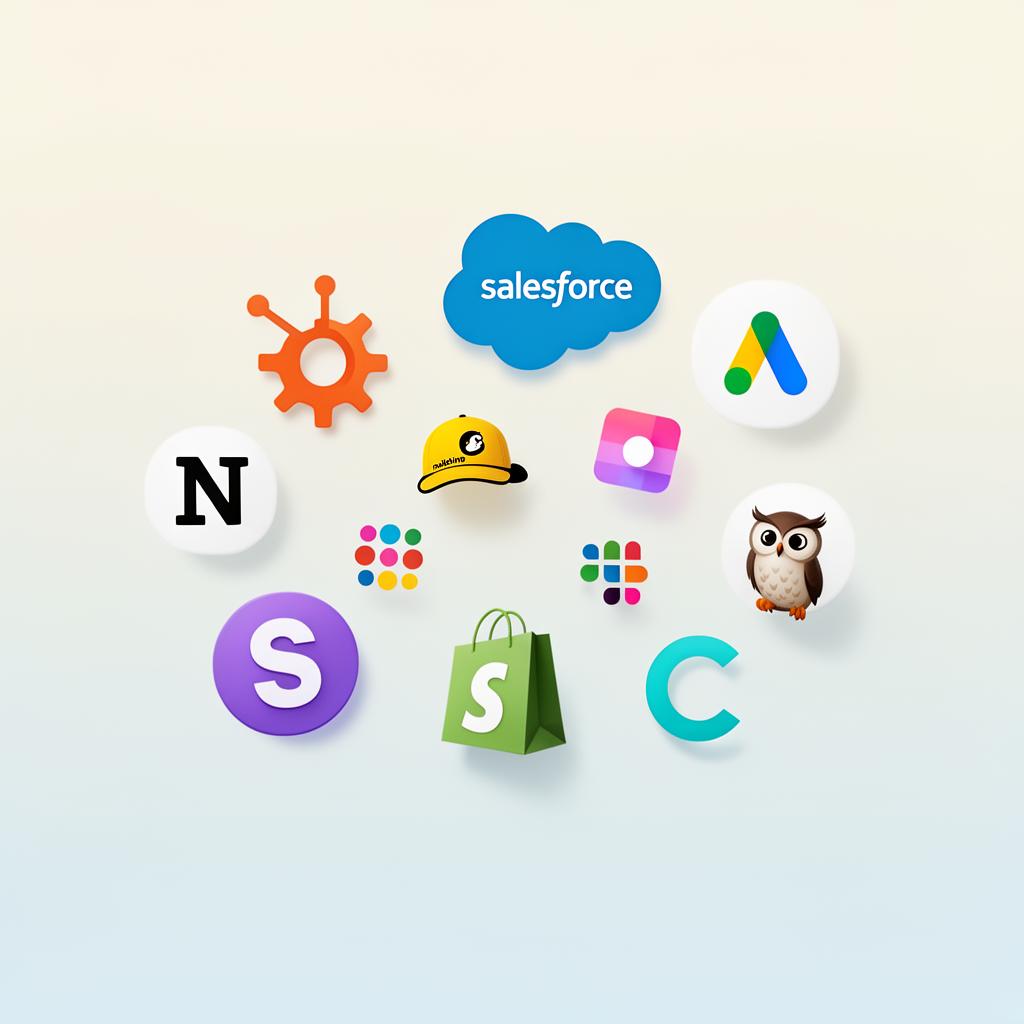 A cluster of marketing tool logos floating - HubSpot, Salesforce, Google Ads, Mailchimp, Notion, Slack, Shopify, Canva and more.